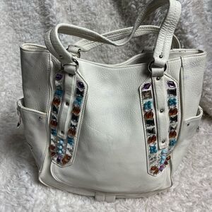 Cole Haan Sydney white leather large shoulder bag with multi color stones accent